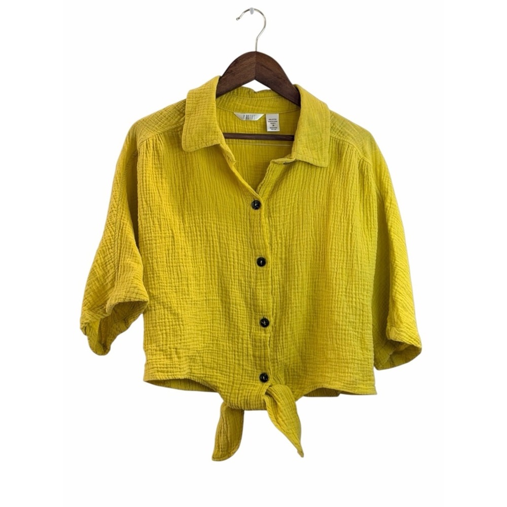 Kaktus Yellow Cotton Gauze Tie Front Button Down Cropped Shirt XS